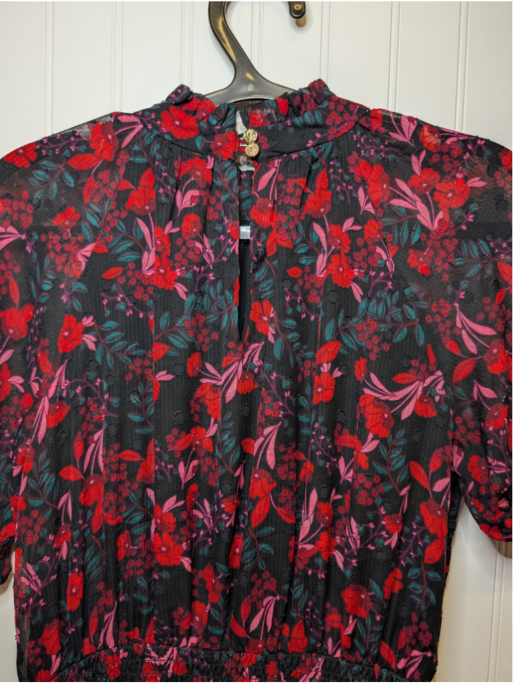 Draper James Clip Dot Floral Puff Sleeve Smocked Midi Dress XS Black Red - Picture 7 of 8